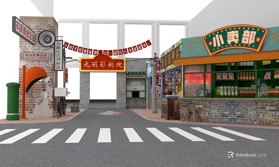 Retro Street Scene Featuring Old Time Cinema Small Grocery Brick Walls Neon Lights Zebra Crossing 3d model 