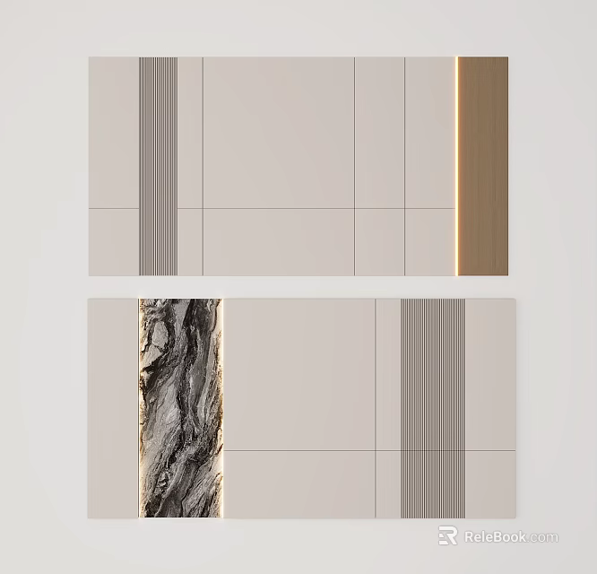 Modern Background Wall Design With Light Gray Tiles Wooden Trim And Marble Texture Panel 3d model 
