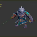 Game Fantasy Ape Warrior Character With Purple Fur Ornate Blue Red Armor And Sword