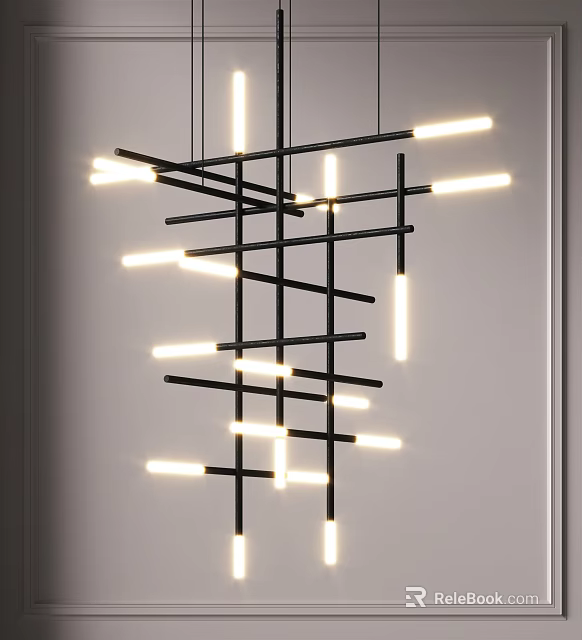 Modern Black Frame Chandelier With Intersecting Structure And Long Strip Lights 3d model 