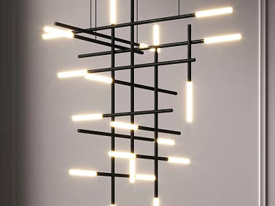 Modern Black Frame Chandelier With Intersecting Structure And Long Strip Lights 3d model