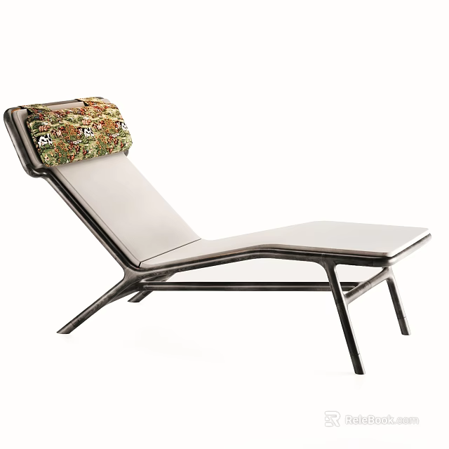 Modern Lounge Chair With Light Colored Cushion Black Metal Frame And Patterned Head Pillow 3d model 