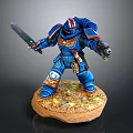 Game Movie Character Standing in Blue Armor Holding Sword and Gun on Base with Rocks