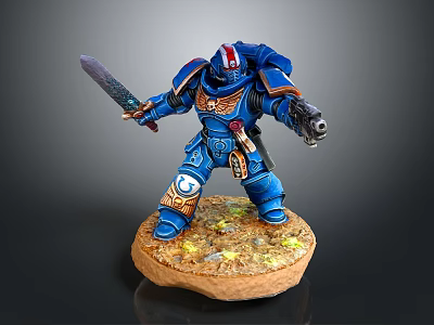 Game Movie Character Standing in Blue Armor Holding Sword and Gun on Base with Rocks 3d model