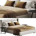 Modern Double Bed Interior With Brown Pillows Beige Bedspread And Nightstand 3d model