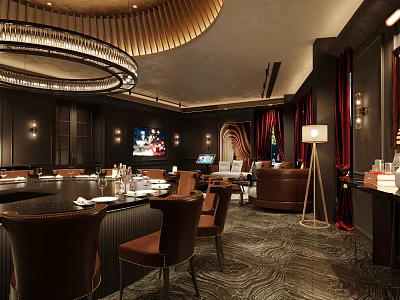 Luxurious Private Box Interior With Round Dining Table Brown Chairs Chandelier Sofa And Red Curtains 3d model