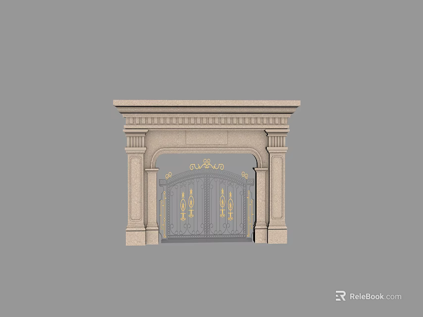 Elegant Entrance Gate With Stone Frame Gray Door And Intricate Gold Patterns 3d model 