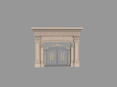 Elegant Entrance Gate With Stone Frame Gray Door And Intricate Gold Patterns 3d model