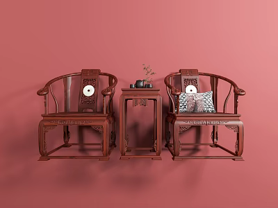 Traditional Mahogany Leisure Chairs with Carved Details Circular Decorations and Center Side Table Vase 3d model