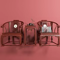 Traditional Mahogany Leisure Chairs with Carved Details Circular Decorations and Center Side Table Vase