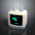 Retro Radio Device With Two Blue Antennas Green Cartoon Screen Talk Text White Blue Design