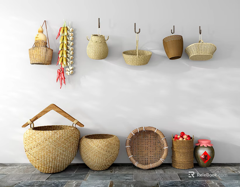 Woven Garden Decorative Pieces With Hanging Baskets Corn Strings And Floor Standing Rattan Containers 3d model 