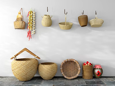 Woven Garden Decorative Pieces With Hanging Baskets Corn Strings And Floor Standing Rattan Containers 3d model