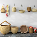 Woven Garden Decorative Pieces With Hanging Baskets Corn Strings And Floor Standing Rattan Containers