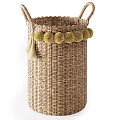 Three Handwoven Wicker Storage Baskets with Pom poms Tassels and Handles for Home Decor