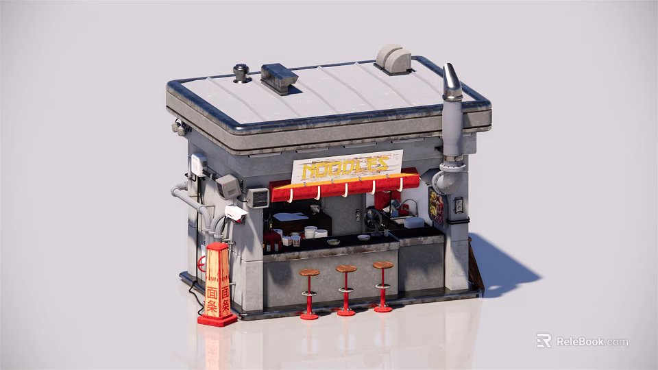 Small Outdoor Korean Restaurant With Red Awning Red Stools Red Lantern And Exhaust Pipe 3d model 
