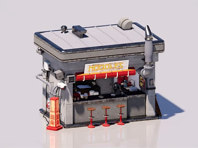 Small Outdoor Korean Restaurant With Red Awning Red Stools Red Lantern And Exhaust Pipe 3d model