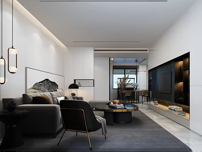Modern Open Concept Living Dining Room With White Walls Grey Sofa And Pendant Lights 3d model