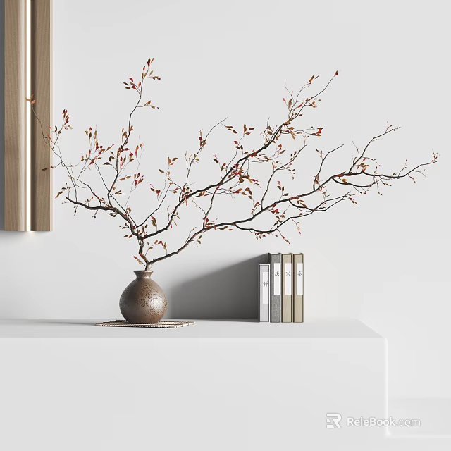 Brown Vase With Branches And Red Small Leaves On White Tabletop With Books Beside 3d model 