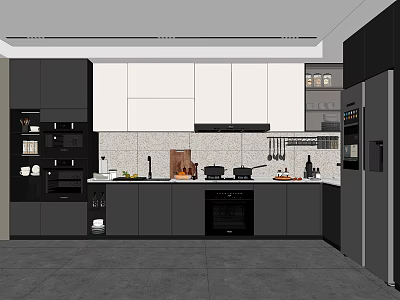 Modern Kitchen Interior With Black White Cabinets Countertop Tile Backsplash And Appliances 3d model