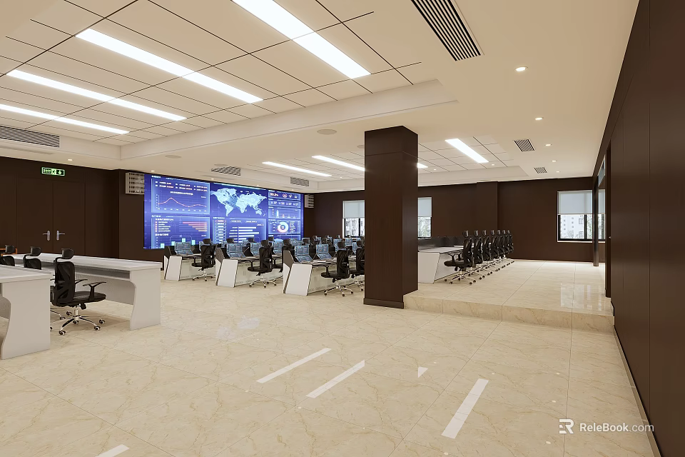 Modern Control Room Interior Design With Large Screens World Map Display And Workstations 3d model