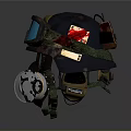 Military Weapon Helmet With Blue Goggles Gas Mask Camouflage And Red Insignia
