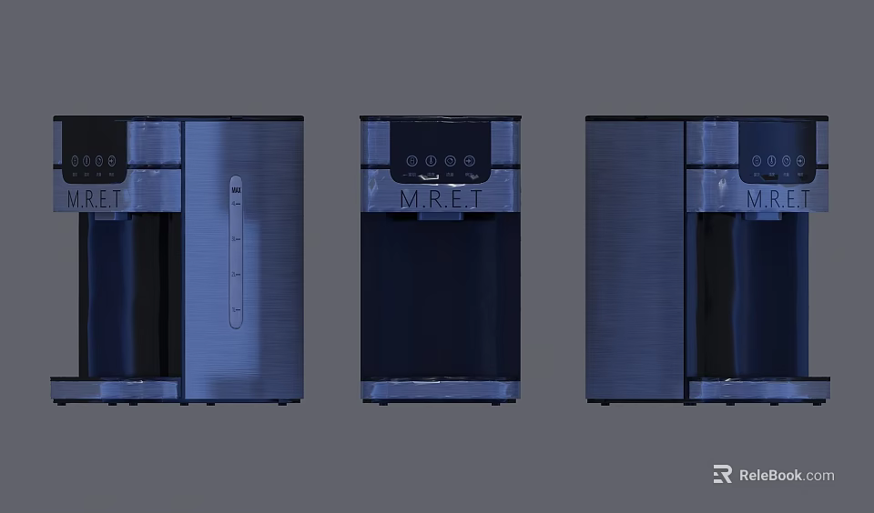 Three Modern Blue Water Dispensers Featuring Digital Display And Control Panel 3d model