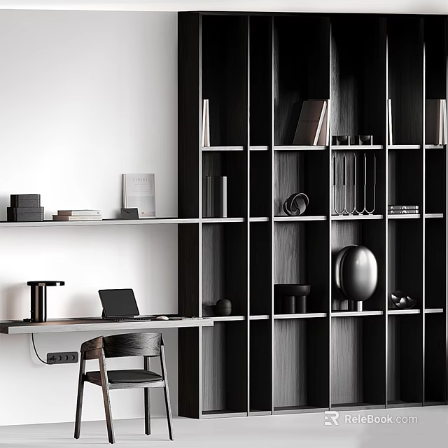 Modern Dark Wooden Bookcase With Desk Chair Books And Decorative Items 3d model 