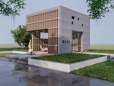 Modern Wooden Pergola Structure With Seating Space Green Lawn And Surrounding Trees 3d model