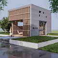 Modern Wooden Pergola Structure With Seating Space Green Lawn And Surrounding Trees