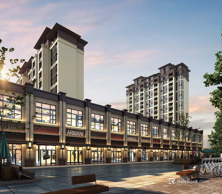 Modern Residential Building With Ground Floor Retail Shops And Evening Street Landscape 3d model 