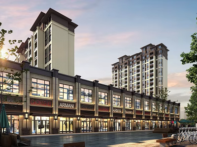 Modern Residential Building With Ground Floor Retail Shops And Evening Street Landscape 3d model