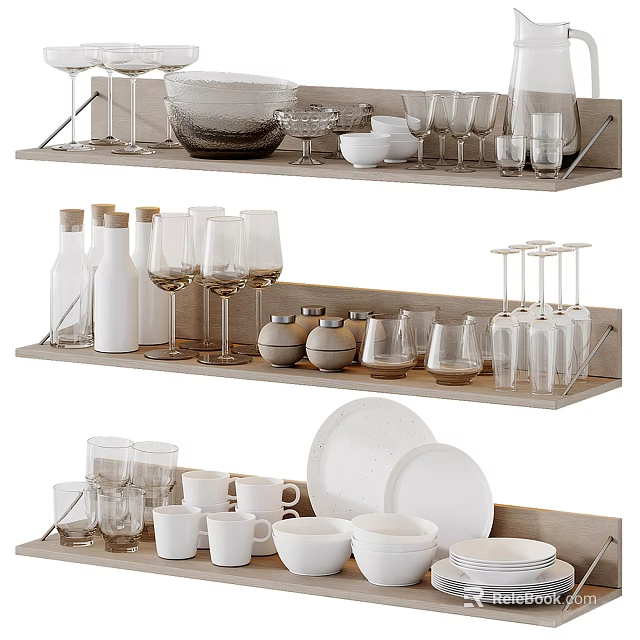 Elegant Dinnerware Set On Kitchen Shelves With Glassware Bowls Plates Bottles And Jars 3d model 