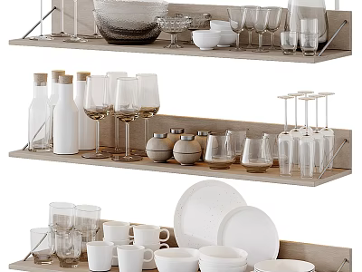 Elegant Dinnerware Set On Kitchen Shelves With Glassware Bowls Plates Bottles And Jars 3d model
