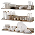 Elegant Dinnerware Set On Kitchen Shelves With Glassware Bowls Plates Bottles And Jars