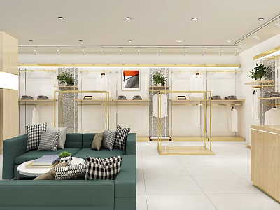Modern Clothing Store Interior With Green Sofa Garment Racks Plants And Front Desk 3d model