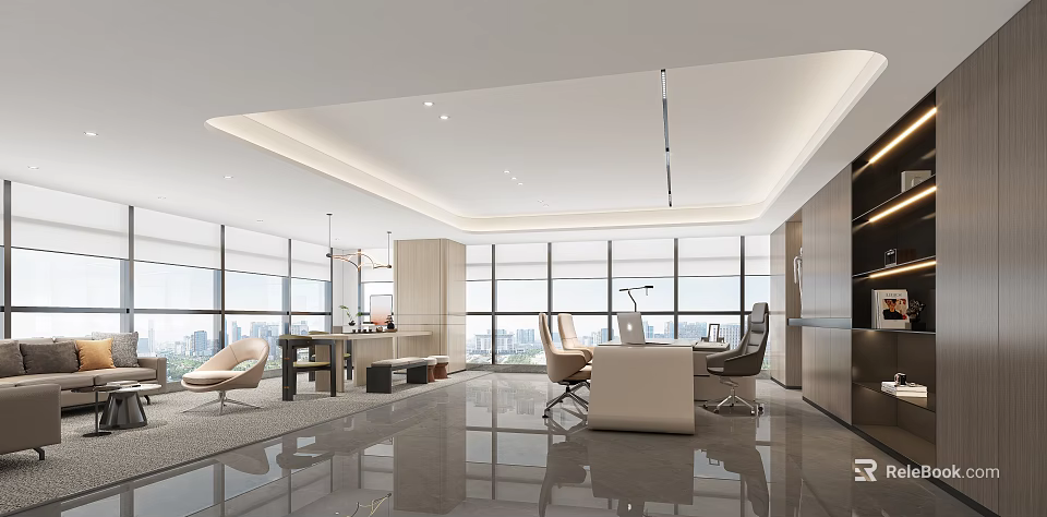 Spacious Modern Office Interior Design Featuring Large Windows City View Bright Lighting And Sleek Furniture 3d model 