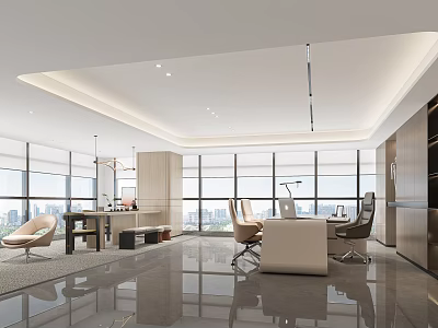 Spacious Modern Office Interior Design Featuring Large Windows City View Bright Lighting And Sleek Furniture 3d model