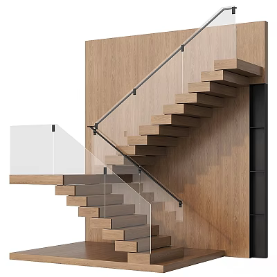 Modern Staircase Design with Wooden Steps Glass Railings and Wooden Wall Elements 3d model