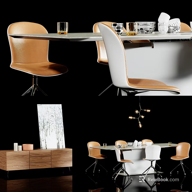 Modern Dining Table Set With Brown And White Chairs Metal Frame Sideboard Pendant Light Artwork 3d model 