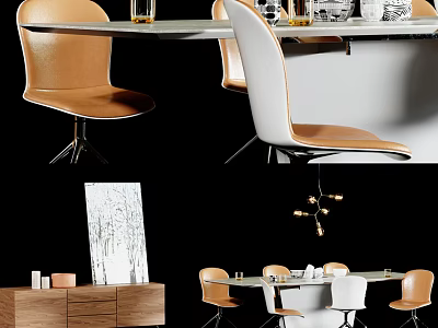 Modern Dining Table Set With Brown And White Chairs Metal Frame Sideboard Pendant Light Artwork 3d model