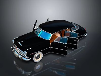 Vintage Black Car with Open Doors Shiny Exterior Chrome Details and Brown Interior 3d model