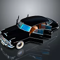 Vintage Black Car with Open Doors Shiny Exterior Chrome Details and Brown Interior