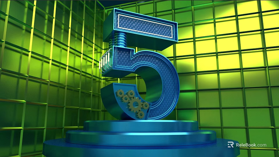 Blue Metallic Number 5 With Gear Details On Platform Against Green Grid Wall 3d model 