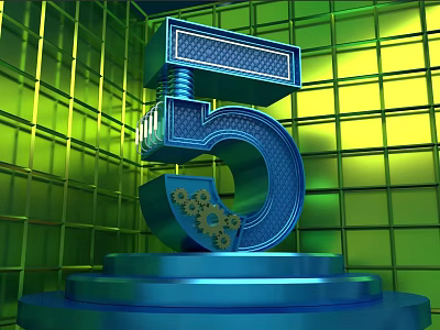 Blue Metallic Number 5 With Gear Details On Platform Against Green Grid Wall 3d model