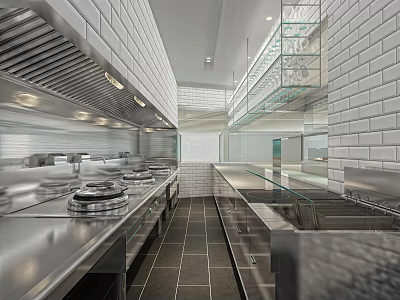 Commercial Kitchen Interior Featuring Stainless Steel Cooking Stations Tile Walls and Glass Shelves 3d model