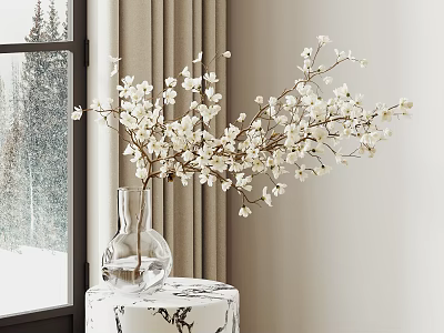 Clear Glass Vase With White Blossoms On Marble Table By Window With Snowy View 3d model