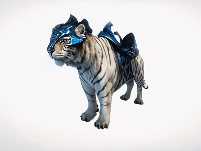 White Tiger Shaped Reptile With Blue Armor And Saddle Details 3d model