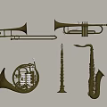 Collection of Brass Musical Instruments Including Trumpet Trombone French Horn Clarinet and Saxophone
