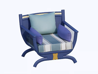 Blue Wicker Leisure Chair With Light Blue Cushion Armrest Pads Striped Seat And Curved Legs 3d model